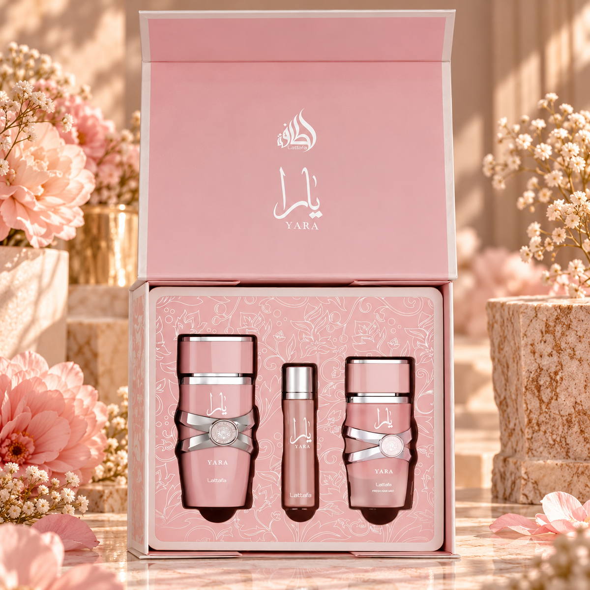 Lattafa Yara ajándékszett (100 ml parfüm + 50 ml hajparfüm + 12 ml utazóparfüm)
