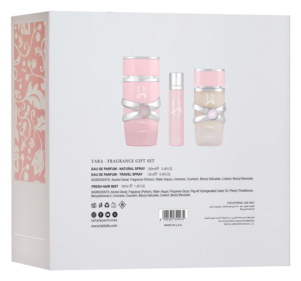 Lattafa Yara ajándékszett (100 ml parfüm + 50 ml hajparfüm + 12 ml utazóparfüm)