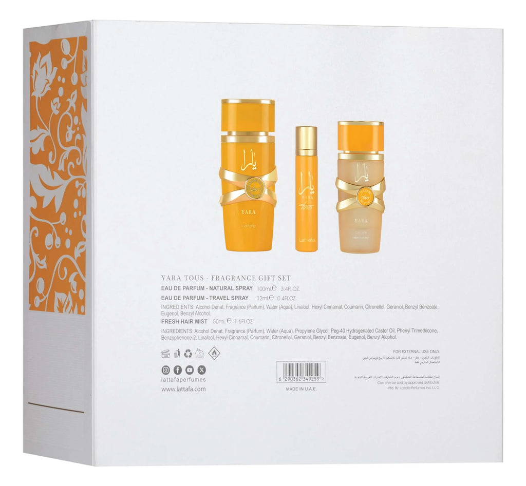 Lattafa Yara Tous ajándékszett (100 ml parfüm + 50 ml hajparfüm + 12 ml utazóparfüm)
