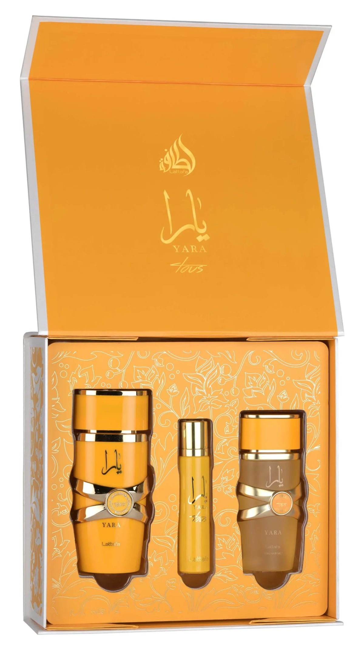 Lattafa Yara Tous ajándékszett (100 ml parfüm + 50 ml hajparfüm + 12 ml utazóparfüm)