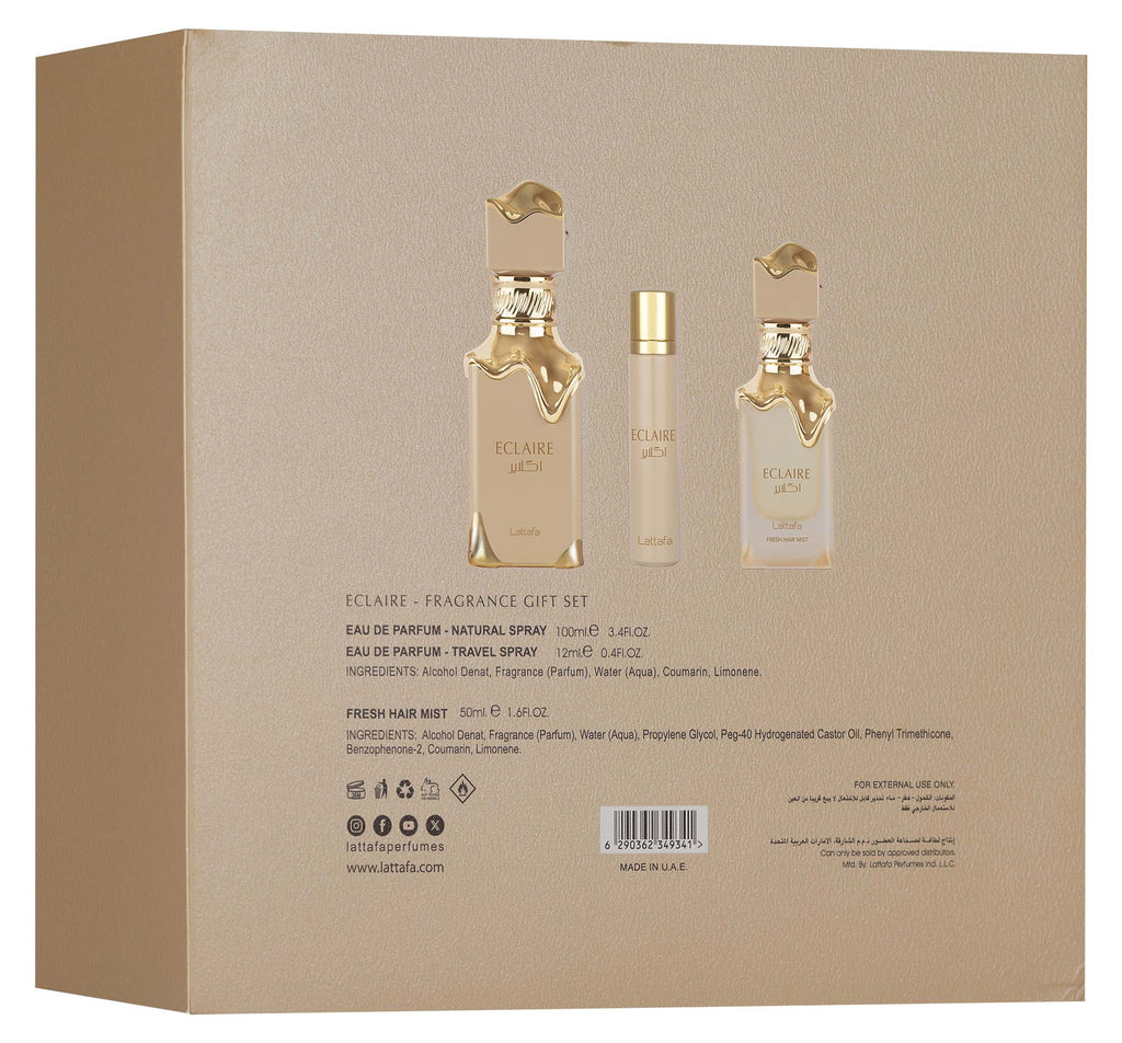 Lattafa Eclaire ajándékszett (100 ml parfüm + 50 ml hajparfüm + 12 ml utazóparfüm) - YARA Parfüm