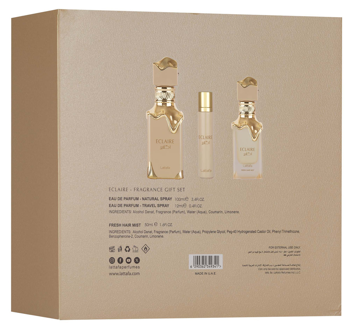 Lattafa Eclaire ajándékszett (100 ml parfüm + 50 ml hajparfüm + 12 ml utazóparfüm) - YARA Parfüm