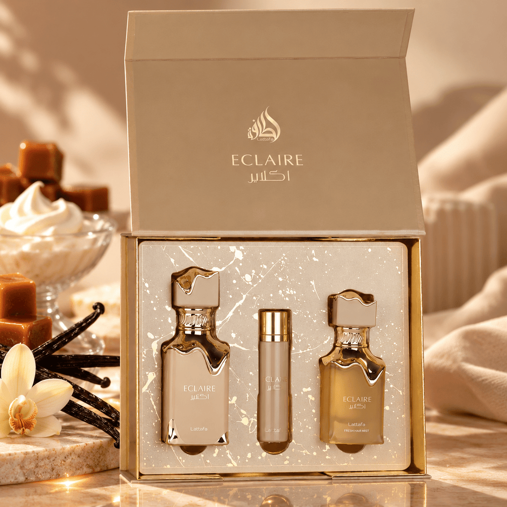 Lattafa Eclaire ajándékszett (100 ml parfüm + 50 ml hajparfüm + 12 ml utazóparfüm) - YARA Parfüm