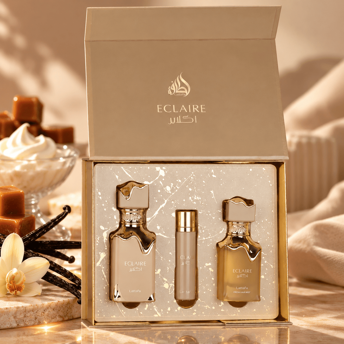 Lattafa Eclaire ajándékszett (100 ml parfüm + 50 ml hajparfüm + 12 ml utazóparfüm) - YARA Parfüm