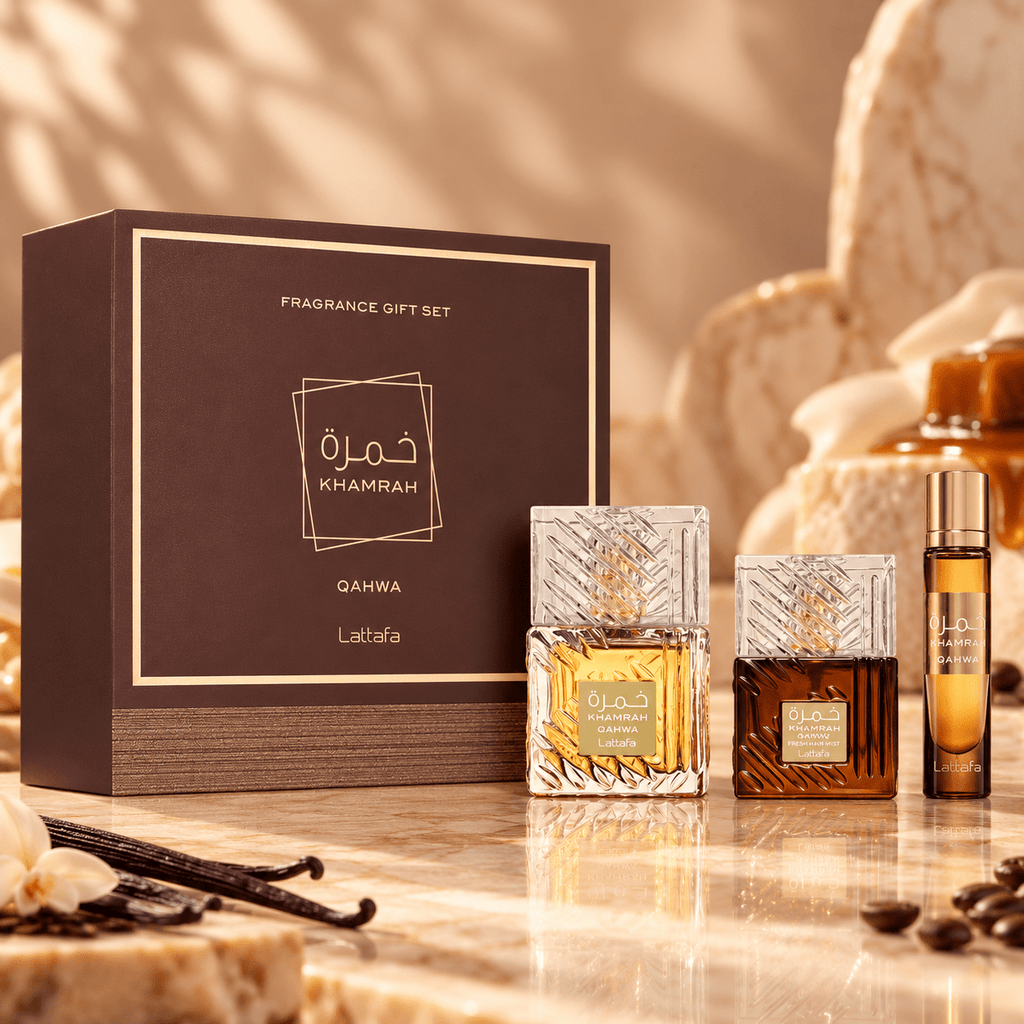 Lattafa Khamrah Qahwa ajándékszett (100 ml parfüm + 50 ml hajparfüm + 12 ml utazóparfüm) - YARA Parfüm