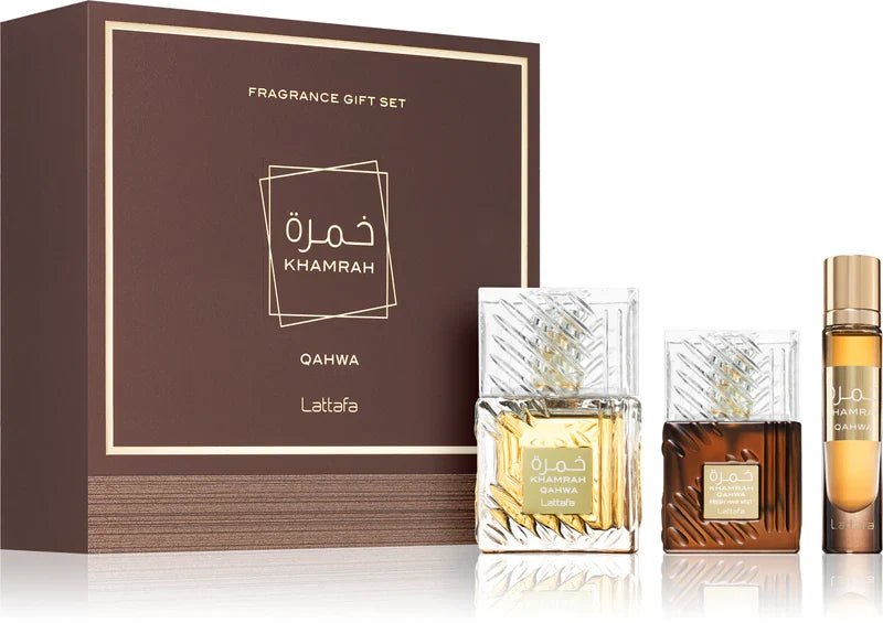 Lattafa Khamrah Qahwa ajándékszett (100 ml parfüm + 50 ml hajparfüm + 12 ml utazóparfüm) - YARA Parfüm