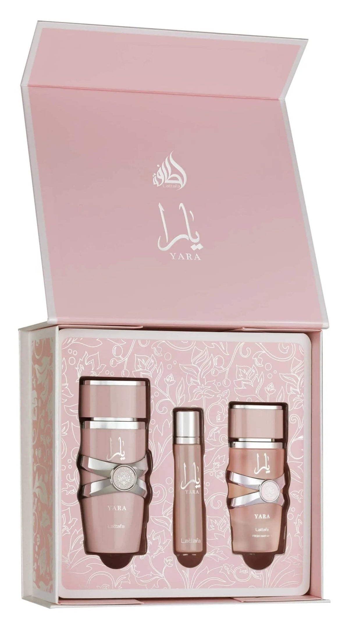 Lattafa Yara ajándékszett (100 ml parfüm + 50 ml hajparfüm + 12 ml utazóparfüm) - YARA Parfüm