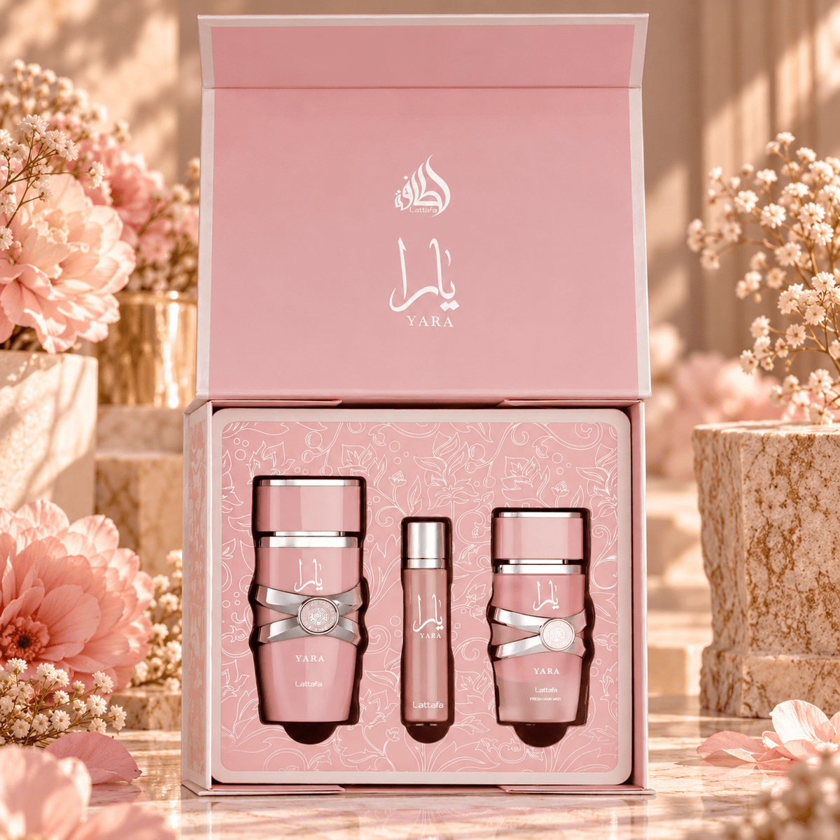 Lattafa Yara ajándékszett (100 ml parfüm + 50 ml hajparfüm + 12 ml utazóparfüm) - YARA Parfüm