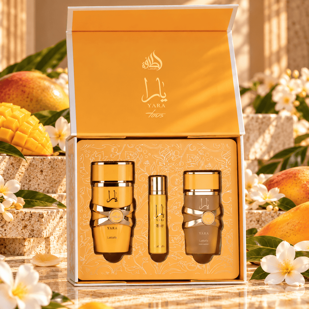 Lattafa Yara Tous ajándékszett (100 ml parfüm + 50 ml hajparfüm + 12 ml utazóparfüm) - YARA Parfüm